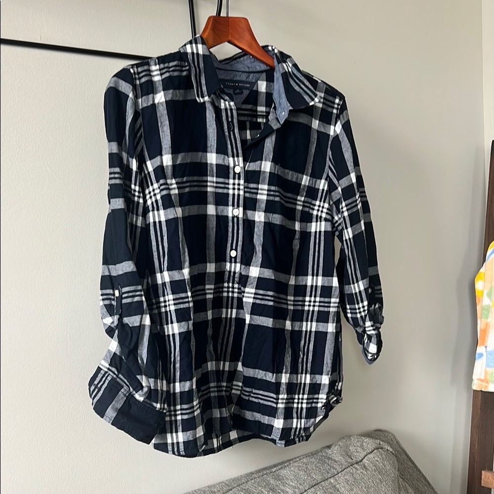 Navy Blue and White Plaid Button-Up Shirt